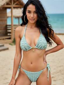 Swim Vcay 2pcs Women's Solid Color Textured Fabric Spring/Summer Tie-Front Strapless Metal Starfish Decor Blue Bikini Swimsuit Set