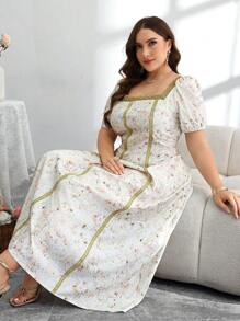 Modelyn Đầm cổ vuông in hoa nhuộm loang cỡ lớn tay bồng eo viền xòe thanh lịch lãng mạn - Nhiều màu - Xem 5