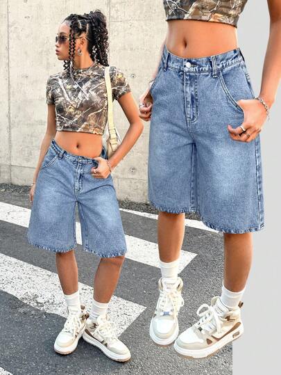 SHEIN Teen Girls' Pocket Design Loose Bermuda Denim Shorts