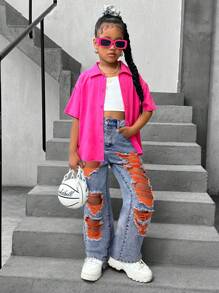 SHEIN Tween Girls' Loose Fit Distressed Pocket Wide Leg Casual Versatile Jeans - Red Violet - View 4