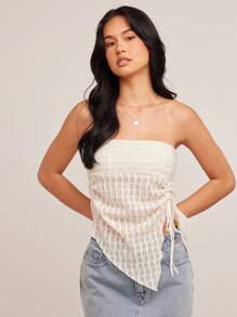 WESTFADE Western Textured Knit Strapless Ruched Bow Tie Side Asymmetrical Fitted Crop Top Summer Vacation Casual - Beige - View 3