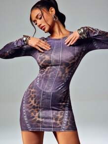 Denimoi 女士豹纹圆领长袖修身迷你连衣裙，时尚 - 黑色 - 查看 5