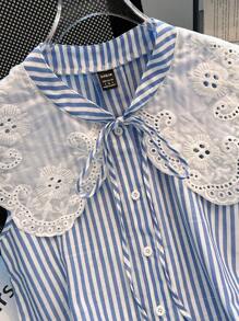 Franclia 法式优雅编织V领无袖花卉装饰条纹女式衬衫 - 彩色 - 查看 3