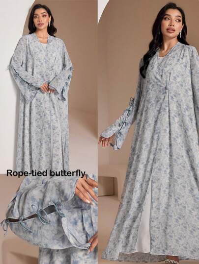 Veilorie Women's Elegant Floral Print Loose Flare Sleeve Arabic Kaftan Blue  Abayas  Summer Airport, Modest Robe