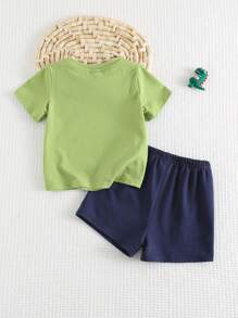 Cozy Pixies زوجان من طقم ملابس علوية أكمام قصيرة كشكش بطبعة ديناصور كرتونية لطفل ولون وسروال بخصر مطاطي - متعدد الألوان - مشاهدة 2