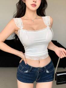 DAZY Lace Trimmed Self-Tie Slim Fit Sleeveless Camisole Top For Women Going Out Tops Summer