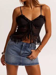 SHEIN BAE 女式夏季纯色网眼系带荷叶边吊带背心 - 黑色 - 查看 4