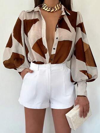 INAWLY Chemise décontractée à manches lanternes et simple boutonnage avec imprimé géométrique pour femmes