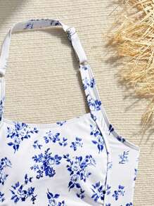 SHEIN 1 bộ đồ bơi một mảnh cổ yếm in họa tiết hoa cổ điển, thích hợp cho bãi biển, kỳ nghỉ, lướt sóng, hồ bơi, mùa hè, dành cho bé gái tuổi teen - Nhiều màu - Xem 6