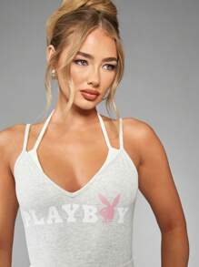 Missguided x Playboy Ribbed Jumpsuit Workout Unitard Athletic Romper Short Sleeve Training Ballet Dance Gym Wear Bodysuit Activewear Performance Sport Exercise Apparel - Light Grey - View 5