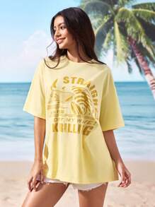 Shark Week X SHEIN Hai- & Buchstabengrafikprint Crew-Ausschnitt Kurzarm T-Shirt - Gelb - Übersicht 3