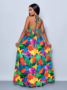 SOLERSUN 女式休闲假日深 V 领露背褶饰开衩大腿长裙，带植物印花 - 彩色 - 查看 2