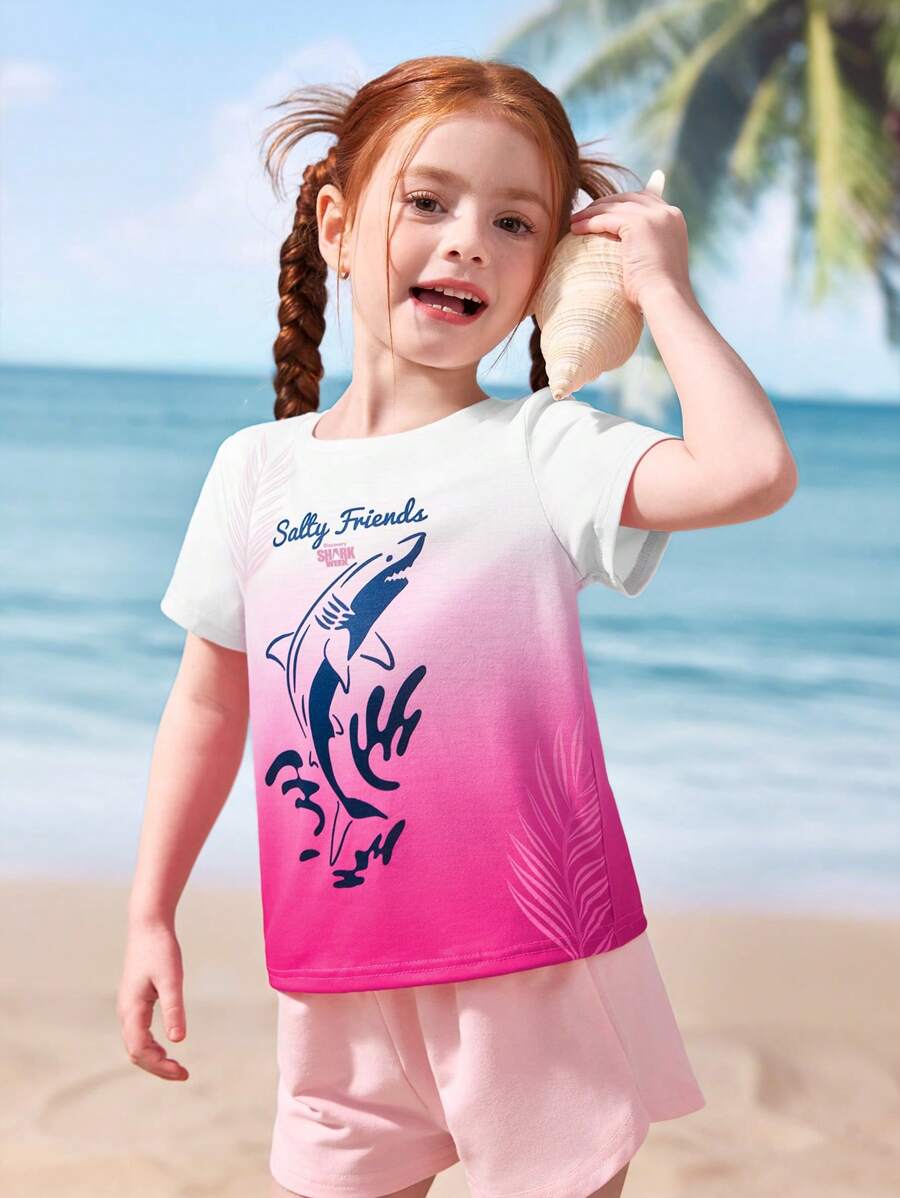 Shark Week X SHEIN 女童鲨鱼与字母图案圆领短袖T恤 - 彩色 - 查看 1