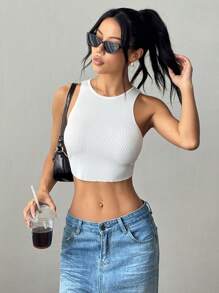 SHEIN PETITE 小号/短款纯色圆领无袖休闲针织背心 - 米色 - 查看 7