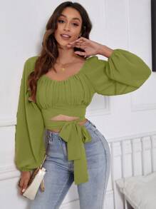 SHEIN Unity Women's Solid Color Sweetheart Neck Pleated Waist Twist Lantern Sleeve Blouse - Olive Green - View 6