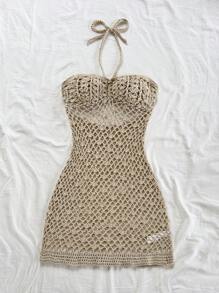 Soleia 全新设计沙滩装贝壳吊带镂空迷你针织连衣裙 - 卡其色 - 查看 5