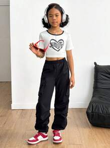 SHEIN Explorewe 青少女愛心字母印花T恤和純色貨物褲2件套裝