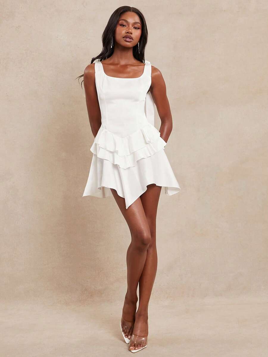 NYA SZN 连衣裙迷你蝴蝶结吊带夏季优雅俱乐部荷叶边毕业外出新娘婚礼宾客特殊场合服装女士 - 白色 - 查看 1