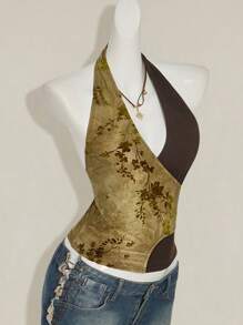 SHEIN ICON Áo ba lỗ hở lưng cổ chữ V họa tiết cổ điển dành cho nữ bằng vải Burnout - Màu vàng - Xem 4