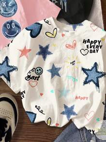 SHEIN Set de 3 camisetas de cuello redondo de manga corta con estampado de estrellas y caras vintage personalizado, en negro, blanco y rosa, de estilo informal minimalista para niña preadolescente, para el verano y resorts