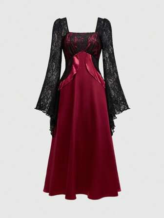 Women's Gothic Retro Color Block Satin Lace Patchwork Bell Sleeve Dress