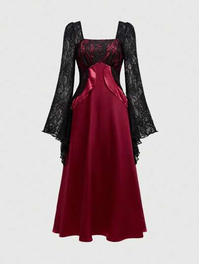 Women's Gothic Retro Color Block Satin Lace Patchwork Bell Sleeve Dress