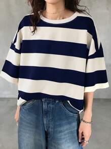 FRIFUL 女士条纹宽松休闲T恤，女士夏季服装 - 藏蓝色 - 查看 3