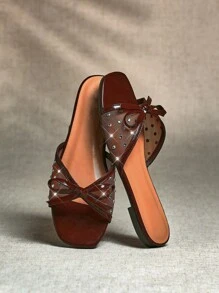 SHUZIA Giày Sandal Đế Bằng Thoải Mái Có Nơ Trang Trí Cho Nữ - Cà phê nâu - Xem 3