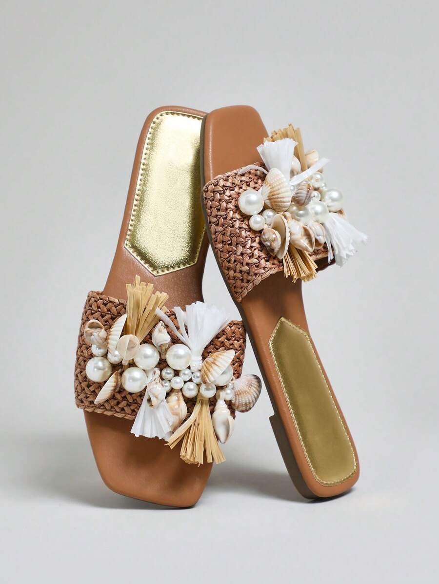 SHUZIA Nuevas sandalias de vacaciones de color tostado con decoración de conchas marinas y punta cuadrada, estilo glamoroso para el verano de las chicas - Granate - Ver 1