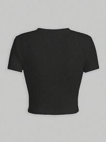 SHEIN Teen Girl Casual Fashion Simple Lily Flower Pattern Print Crop Top - Black - View 2