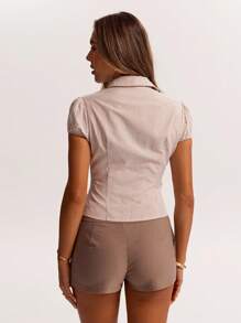 SHEIN BAE Spring And Summer Linen Striped Puff Sleeve Simple Casual Shirt Is Suitable For Commuting, Back To School Season, Going Out, And Gathering With Girlfriends. - Khaki - View 2