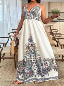 SHEIN LUNE Plus Size Deep V-Neck Print Adjustable Waist A-Line Dress, Suitable For Outing, Vacation, Dating And Party - Multicolor - View 6