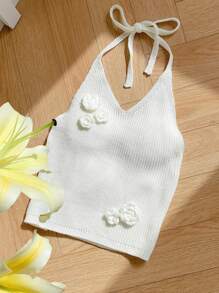 Comfortcana Áo croptop dệt kim cổ yếm họa tiết hoa 3D màu trắng mùa hè, thích hợp mặc đi biển cho nữ. - trắng - Xem 1