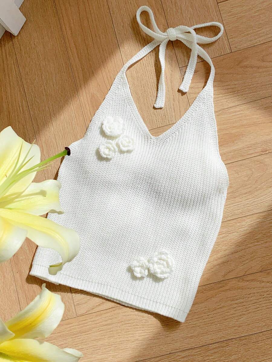 Comfortcana Áo croptop dệt kim cổ yếm họa tiết hoa 3D màu trắng mùa hè, thích hợp mặc đi biển cho nữ. - trắng - Xem 1