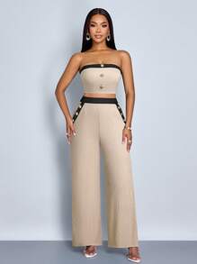 SOLERSUN Bộ áo crop top và quần ống rộng trang trí nút màu cho nữ - Màu be - Xem 6