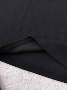 Teen Girls Black And White Casual Personalized Contrast Collar Ribbed Knit Buttons Snug Fit Dress, Summer Dresses, Butterfly Embroidery