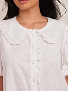 WESTFADE 100% 纯棉荷叶边领短款泡泡袖纽扣迷你A字波西米亚牛仔连衣裙纳什维尔牛仔竞技度假可爱早午餐装