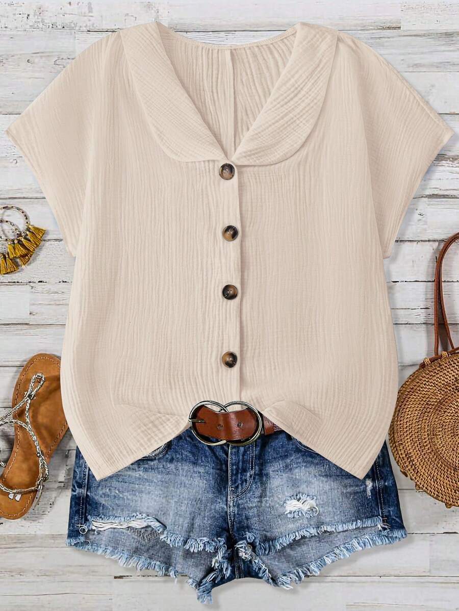SHEIN LUNE Plus Size Solid Color Textured Polo Collar Short Sleeve Shirt, Suitable For Summer - Apricot - View 1