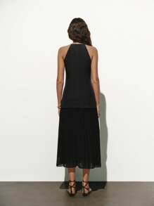 Lumivelle Women Solid Color Pleated Hem Halter Neck Dress - Black - View 2