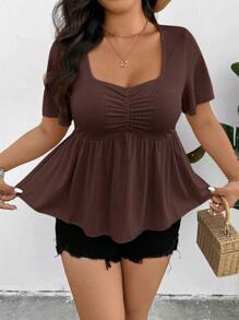 SHEIN Frenchy Damen Große Größen Einfarbiges kurzes Rüschen-Arm Rüschensaum Boho/Bohemian Kurzarm T-Shirt