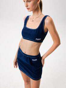 Menodora SHEIN Sport Bộ 2 áo crop top dệt kim thể thao màu trơn đơn giản dành cho nữ và chân váy mini cạp trễ - Rửa tối - Xem 6