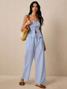 Poéselle 2件套女士条纹前系带抹胸上衣和裤子，休闲 - 藍白色 - 查看 6