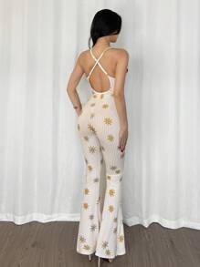 Women's Allover Printed Sexy Elastic Tight Unitard Jumpsuit Vacation, One-Piece Outfit - Beige - View 4
