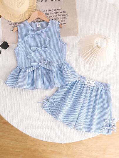 SHEIN LMoss Kids Conjunto de 2 peças composto por Top regata com gola redonda e babado, e shorts, em estilo casual e minimalista, confortável para meninas adolescentes