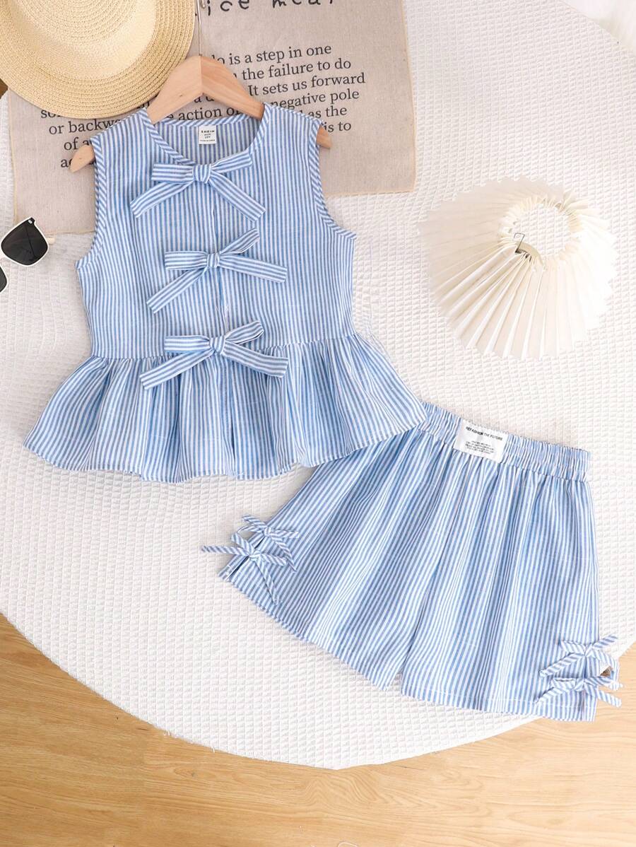 SHEIN LMoss Kids 青少年女孩休闲简约舒适圆领无袖荷叶边上衣和短裤两件套 - 藍色 - 查看 1