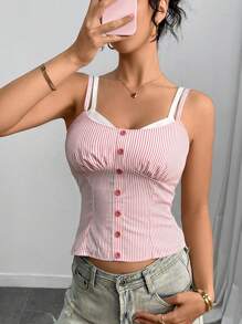 INAWLY Débardeur court slim bicolore avec empiècement froncé et sangles cousues, taille standard, pour femme, style casual en tissage rayé - Rose bonbon - Voir 3