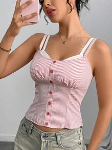 INAWLY Débardeur court slim bicolore avec empiècement froncé et sangles cousues, taille standard, pour femme, style casual en tissage rayé - Rose bonbon - Voir 5