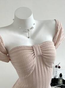 Chiquease 1 pieza Camiseta de mujer de unicolor con cuello en forma de corazón y hombros descubiertos de manga corta - Rosa - Ver 1