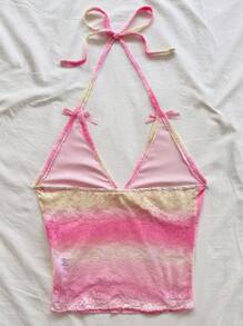 Soleia WYWH Women's Elastic Knit Elegant Casual Summer Gradient Lace Print Halter Neck Tied Bow Short Top, Suitable For Wedding Season - Pink - View 2