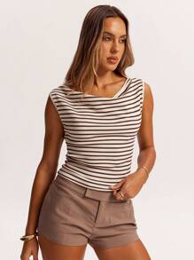 SHEIN BAE Spring, Autumn And Summer Crochet Brown Striped Off-Shoulder Irregular Top T-Shirt Is Suitable For Daily Leisure, Going Out, Going Out With Girlfriends, Afternoon Tea, Commuting Leisure, Beach Vacation, And All-Match Occasions